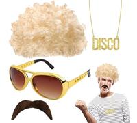 Perruque afro hippie funky | Costume hippie fantaisie avec perruques, lunettes de soleil, collier, moustache, accessoires hippie pour les fêtes à thème des années 50/60/70, Halloween, Noël