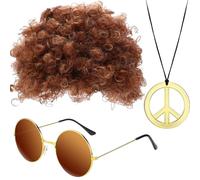Perruque afro lunettes de - Accessoires pour cheveux hippie pour | homme, perruque afro funky pour lunettes, moustache et collier avec signe de paix | Rétro Vintage Costume Disco, années 50, 6
