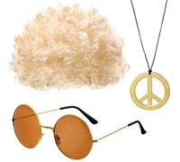 Perruque afro - Lunettes de soleil - Perruques bouclées funky et lunettes rétro - Perruque afro - Perruque hippie disco - Lunettes de soleil rondes classiques - Thème des années 60 - Perruques