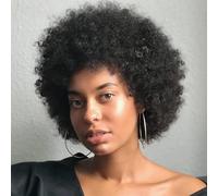 Perruque afro - Perruque de cheveux humains courts crépus et bouclés, sans colle et prête à porter, parfaite pour le cosplay des années 70 et un usage quotidien, 1B