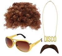 Perruque Afro - Perruque de costume hippie funky avec lunettes de soleil | Collier Moustache, Accessoire de Fête Rétro pour Thème Années 50 60 70, Fêtes, Costume, Fantaisie, Robe, Amusant et Disco Rét
