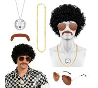 Perruque Afro, Perruque Disco Comprend des Lunettes de Soleil, Un Collier Disco et Une Fausse Barbe, Perruque Afro Funky des Années 70 pour Carnaval ou Fêtes à Thème(Noir)