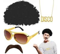 Perruque Afro - Perruque Hippie Avec Collier Moustache Lunettes De, Ṕerruque Disco Pour Un Look Vintage | Costume Rétro Années 70 80 Pour Soirée Masquée Fête D'Halloween