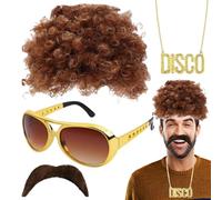 Perruque Afro - Perruque Hippie Avec Collier Moustache Lunettes De, Ṕerruque Disco Pour Un Look Vintage | Costume Rétro Années 70 80 Pour Soirée Masquée Fête D'Halloween