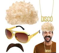 Perruque Afro - Perruque Hippie Avec Collier Moustache Lunettes De, Ṕerruque Disco Pour Un Look Vintage | Costume Rétro Années 70 80 Pour Soirée Masquée Fête D'Halloween