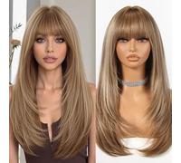 Perruque Allbell châtain clair avec mèches pour femmes, longue droite à couches avec frange, 22 pouces. Fibre synthétique résistante à la chaleur, parfaite pour le quotidien et les fêtes