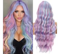 Perruque arc-en-ciel PORSMEER, longue perruque cosplay synthétique bou ondulée, cheveux pastel ombré multicolores, perruque licorne pour femmes, costume de fête 66 cm