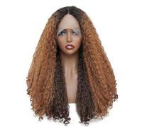 Perruque avant en dentelle synthétique Kinky droit avec des extrémités bouclées longues perruques afro pour les femmes noires perruque de cheveux rebondissants brun foncé