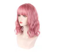 Perruque avec frange perruques courtes ondulées, perruque synthétique courte et bou bord réglable, faux cheveux, bonnet réglable, tête moyenne pour costumes d'Halloween, (Light Pink)