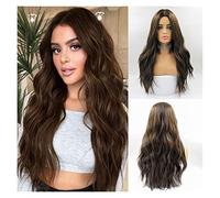 Perruque Avec Frange Perruques synthétiques brunes longues ondulées perruque de cheveux de partie moyenne brune for les femmes perruques de Cosplay de fête quotidienne fibre résistante à la chaleur Pe