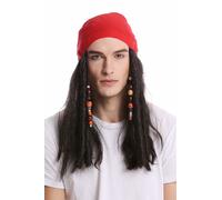 Perruque & Bandana Foulard Carnaval Long Noir Perles Femme Pirate