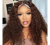 Perruque Bandeau Cheveux Humain Glueless Wig Human Hair Perruque Bresilienne Bouclée Deep Wave Curly Perruque Femme Naturelle Brésilien 150% Density Couleur Chocolate Brown 16 Pouces