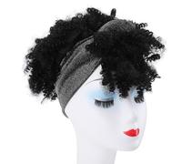 Perruque Bandeau Grise Bouclée pour Femmes Noires avec Frange, Perruque Bandeau Courte 2 en 1, Perruque Synthétique Afro Crépue Bouclée Noire Turban avec Enveloppe Attachée pour