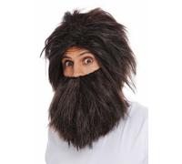 Perruque Barbe Homme Fou des Cavernes Du Néanderthal Braun Mélange Gris Moucheté