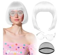 Perruque blanche avec lunettes de soleil en forme de cœur et bonnet pour femme, perruque courte synthétique colorée et amusante PLULON idéale pour enterrement de vie de jeune fille ou Halloween