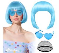 Perruque bleu clair avec lunettes de soleil en forme de cœur et bonnet pour femme perruque courte synthétique PLULON postiche amusant et coloré pour homme déguisement d'Halloween