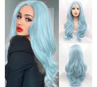 Perruque bleu clair pastel bleu clair avec dentelle frontale pour femme, cheveux longs, ondulés, cheveux naturels, raie sans raie fluo, perruque de cheveux synthétiques colorés, sans colle, style afro