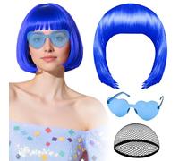 Perruque bleue avec lunettes de soleil en forme de cœur et bonnet pour femme, perruque courte synthétique colorée PLULON, postiche de cosplay humoristique pour Halloween