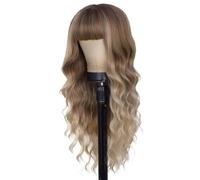 Perruque blonde avec frange pour femme, 26 pouces de long, longues mèches blondes, ondulations souples façon plage, rendu et toucher réalistes