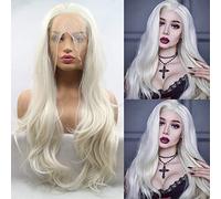 Perruque blonde blanche avec dentelle frontale pour femme, longue et ondulée, ligne de cheveux naturelle, blond platine bouclé, perruque synthétique sans colle, résistante à la chaleur