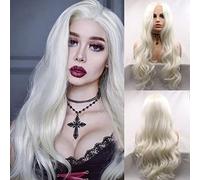 Perruque blonde blanche longue ondulée blond platine synthétique avec dentelle frontale faite à la main, ligne de cheveux naturelle, blanc neige, perruques réalistes pour femme, sans colle, fibre