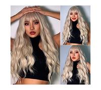 Perruque Blonde Courte Perruque Blonde Avec Frange Longue Vague De Corps Perruques Pour Femmes Blanches, 26 Pouces Perruques De Cheveux En Fibres Synthétiques Naturelles Résistantes À La Chaleur Pour