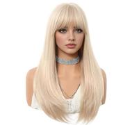 Perruque Blonde De 56 Cm De Long Pour Femme, Perruque Lisse D'aspect Naturel Avec Frange, Cheveux En Fibre Résistante À La Chaleur Pour Un Usage Quotidien Ou Pour Un Costume De Cosplay