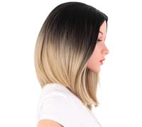 Perruque blonde for femmes blanches, coupe au carré avec mèches, raie centrale courte, 35 cm, dentelle, synthétique résistante à la chaleur, for cosplay.(Blonde)