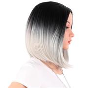 Perruque blonde for femmes blanches, coupe au carré avec mèches, raie centrale courte, 35 cm, dentelle, synthétique résistante à la chaleur, for cosplay.(Sliver)