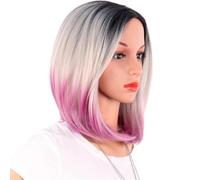 Perruque blonde for femmes blanches, coupe au carré avec mèches, raie centrale courte, 35 cm, dentelle, synthétique résistante à la chaleur, for cosplay.(Purple)