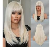 Perruque blonde platine pour femmes, cheveux longs et raides avec frange, fibre synthétique résistante à la chaleur, perruque blonde blanche à couches pour filles, utilisation quotidienne, fête, cospl