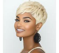 Perruque blonde raide de densité 150 % avec frange, perruque courte Pixie pour femme, perruque courte pré-épilée, coupe courte sans colle, sans nœuds, sans perte de cheveux