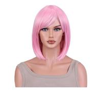 Perruque Bob 30 cm avec frange for femmes noires, perruques de déguisement quotidiennes, perruques en cheveux synthétiques raides résistantes à la chaleur(Pink)