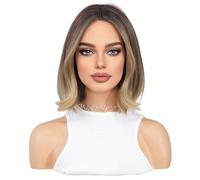 Perruque Bob à Cheveux Raides De 12 Pouces,Perruque Courte DéGradéE De Blond Brun,Conception OnduléE De Queue De Cheveux,Perruque SynthéTique En Fibre RéSistante à La Chaleur Pour Femmes