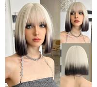 Perruque Bob Avec Frange Bob Noire Blonde OmbréE De 12 Pouces,Bob Courtes Sans Colle à Cheveux Raides,Perruque En Fibre RéSistante à La Chaleur Pour FêTe Quotidienne(Black,30cm/12IN)