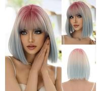 Perruque Bob Avec Frange Bob Noire Blonde OmbréE De 12 Pouces,Bob Courtes Sans Colle à Cheveux Raides,Perruque En Fibre RéSistante à La Chaleur Pour FêTe Quotidienne(Blue,30cm/12IN)