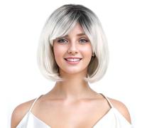 Perruque Bob blonde ombrée avec frange for femme, perruques synthétiques courtes de 30,5 cm avec racines foncées for un usage quotidien, aspect naturel
