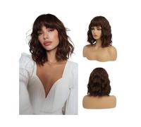 Perruque Bob bouclée courte ondulée de 14 pouces avec frange for femmes noires, perruques synthétiques résistantes à la chaleur(Light Brown)