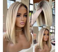 Perruque Bob Coupée Nette 180% de Densité - Couleur Blonde Vanille Crème Balayage - Perruque en Cheveux Humains - Cap en Dentelle Respirante 13x4 Amélioré - Système de Cartographie du Cuir Chevelu 3D