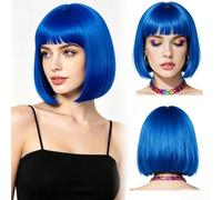 Perruque Bob Courte Avec Frange, Bleue Courte Bob Perruque Avec Franges, Perruques Courtes Et Droites Perruque Synthétique (30 cm). Coupe Réaliste pour carnaval & Fêtes, Cosplay et Port Quotidien