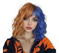 Perruque Bob courte colorée avec frange for femmes, perruques synthétiques ondulées à longueur d'épaule résistantes à la chaleur for un usage quotidien Effet naturel et Volumineux(Blonde+Blue)