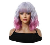 Perruque Bob courte colorée avec frange for femmes, perruques synthétiques ondulées à longueur d'épaule résistantes à la chaleur for un usage quotidien pour Femme Charmant(Grey+Pink)