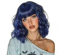 Perruque Bob courte colorée avec frange for femmes, perruques synthétiques ondulées à longueur d'épaule résistantes à la chaleur for un usage quotidien Effet naturel et Volumineux(Dark Blue)