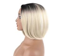 Perruque bob courte et lisse blonde platine de 35,5 cm (14 pouces), perruque synthétique blanche ombrée avec racines noires for usage quotidien