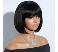 Perruque bob de 25 cm avec frange, perruque courte et lisse Remy for femme, idéale for les soirées quotidiennes. pour Femme Charmant(Black)