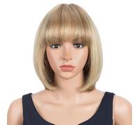Perruque bob de 25 cm avec frange, perruque courte et lisse Remy for femme, idéale for les soirées quotidiennes. Effet naturel et Volumineux(Blonde)