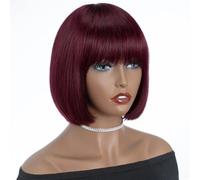 Perruque bob de 25 cm avec frange, perruque courte et lisse Remy for femme, idéale for les soirées quotidiennes. Effet naturel et Volumineux(Burg Red)