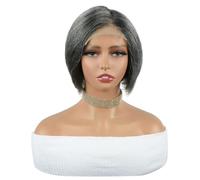 Perruque Bob droite grise en cheveux humains poivre et sel, sans colle, coupe Pixie, 10 x 10 cm, gris argenté, à porter et à emporter for femmes Extensions de cheveux