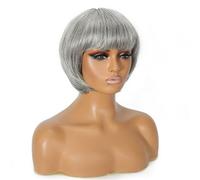 Perruque Bob grise de 20 cm avec frange for femmes noires, cheveux humains courts et lisses, sans colle, sans dentelle, aspect naturel prêt à porter.(Light Grey)