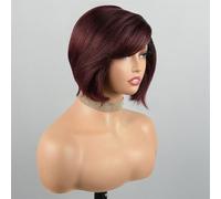 Perruque Bob Lace Frontal Wig Naturelle Sans Colle, Cheveux Naturels Courts Et Lisses, Couleur Bordeaux Ombré, Densité 150, 13x4, Avec Raie Latérale Extensions de cheveux